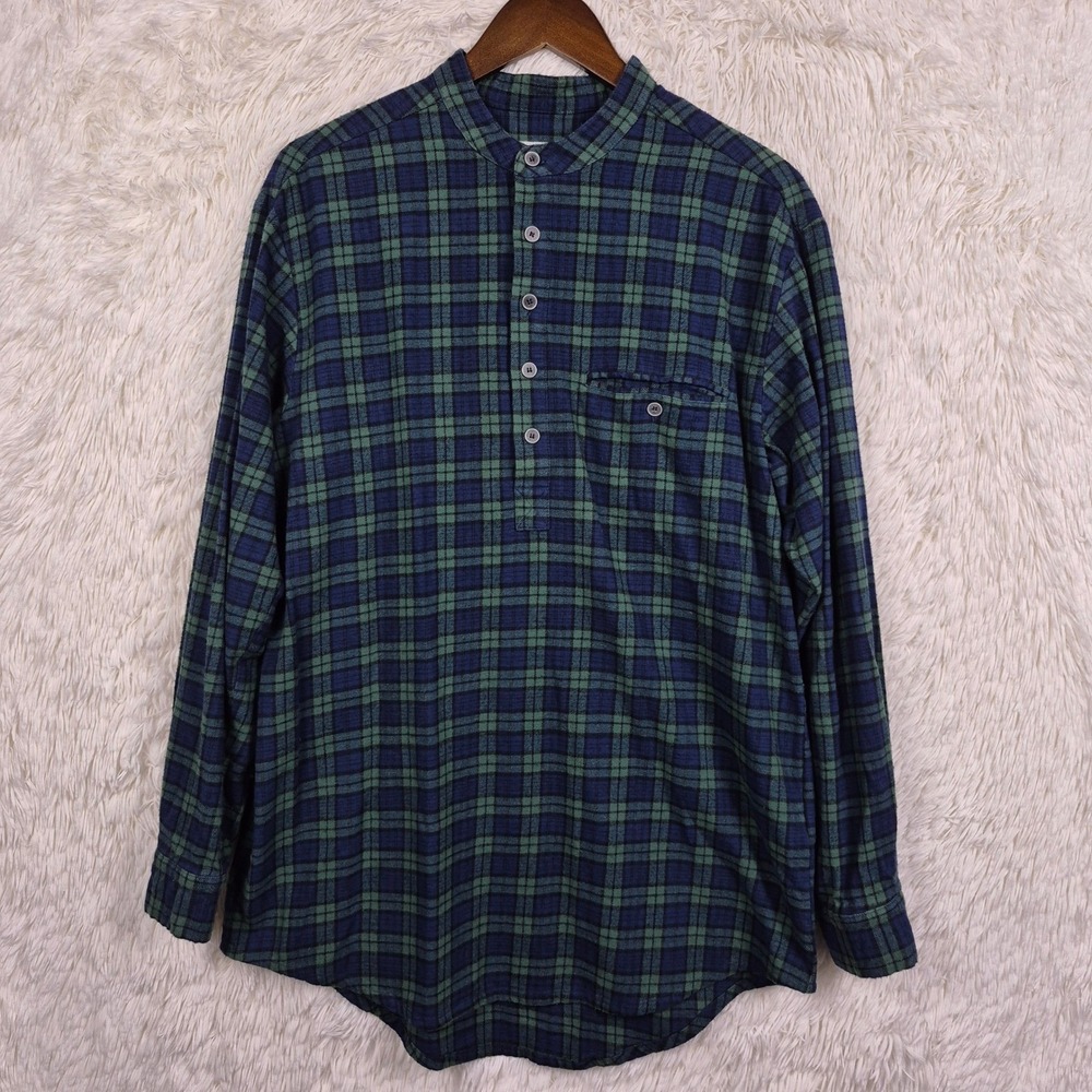 Lee Valley Ireland Mens Grandfather Popover Shirt Flannel Plaid Blue Green Med